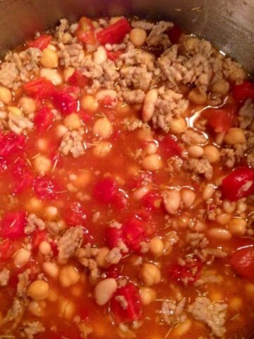 Overhead view Quick and Easy Sausage Soup in pot