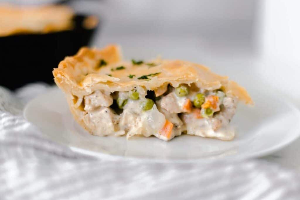 side-view of Chicken Pot Pie on a plate
