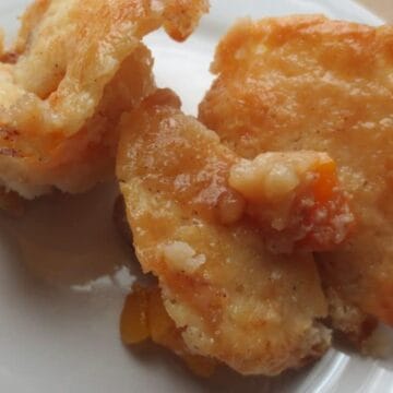 Close up view of cobbler on white plate.