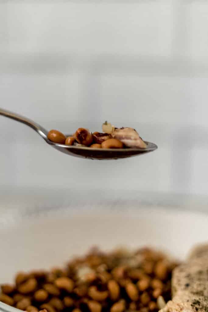 hand holding spoon with slow cooker black eyed peas 