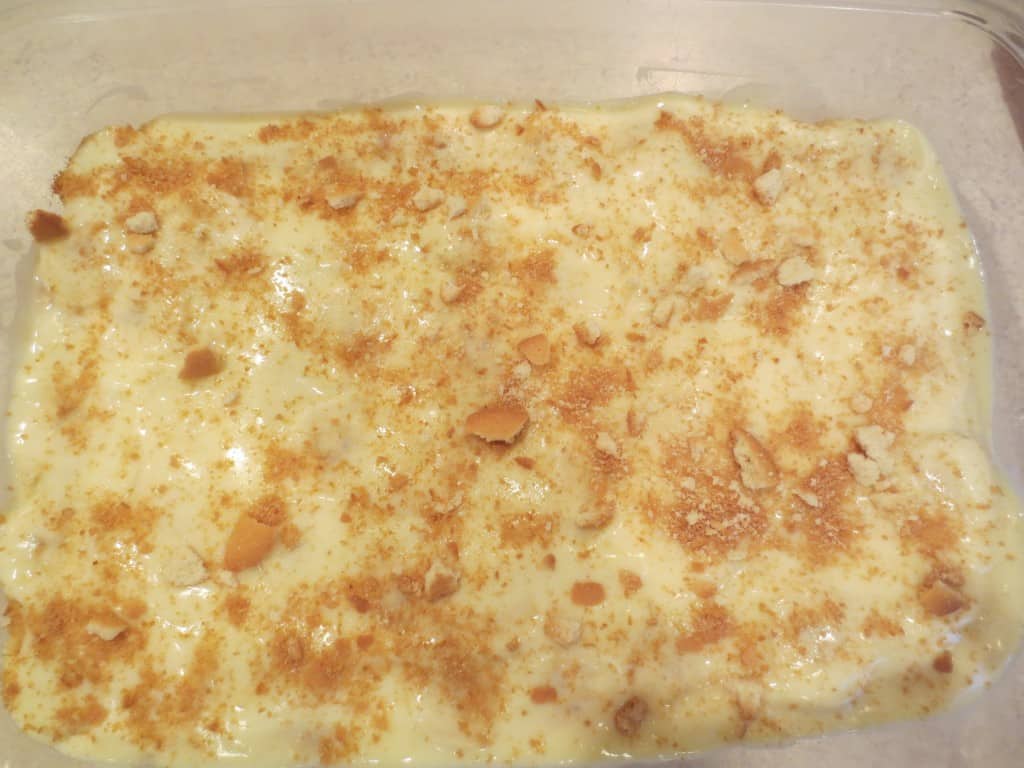 pudding topped with wafers in rectangle baking dish 