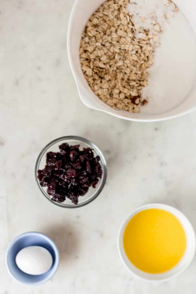 ingredients for cherry oat scones in bowls 