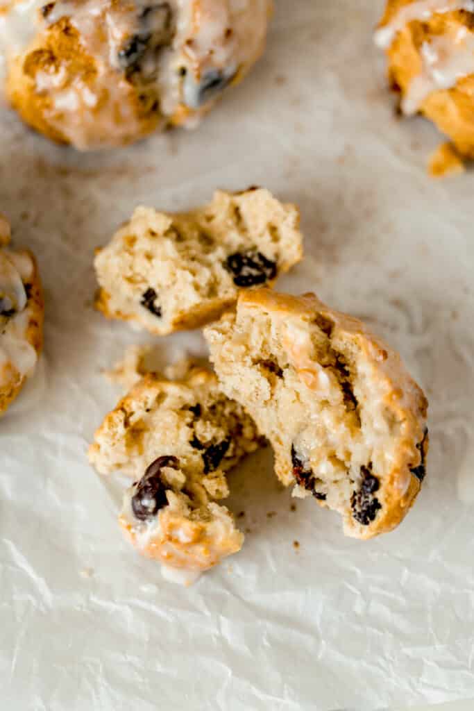 cherry oat scone on parchment paper cut in half 