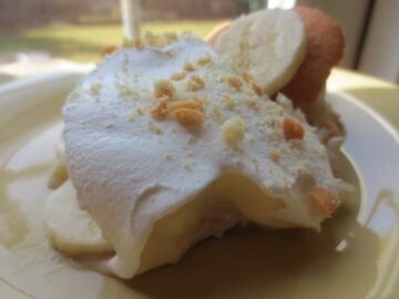 Close up view of finished pudding on plate.