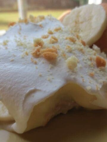 Close up view of finished pudding on yellow plate.