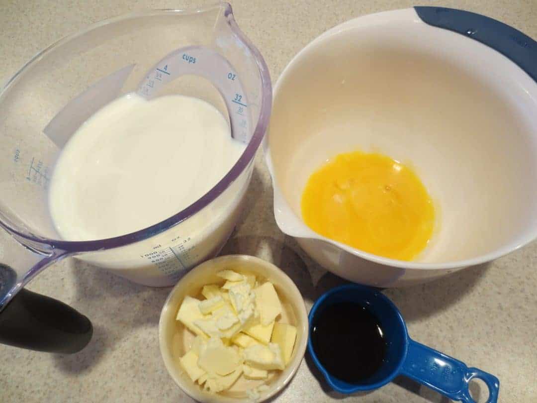 Overhead view of ingredients needed to make custard. 