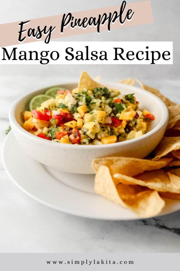 side view of bowl of salsa on plate with chips pin