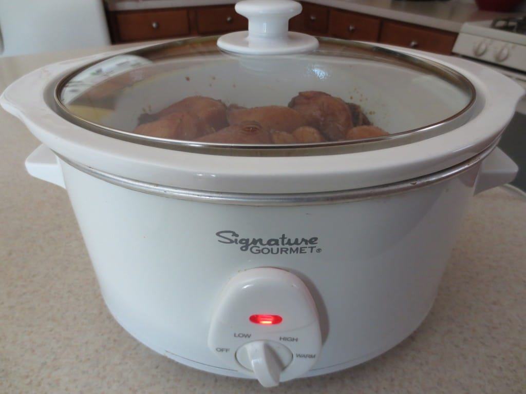 Philly Cheese Chicken Sandwich Simply LaKita 5 close up side view of slow cooker with chicken in it
