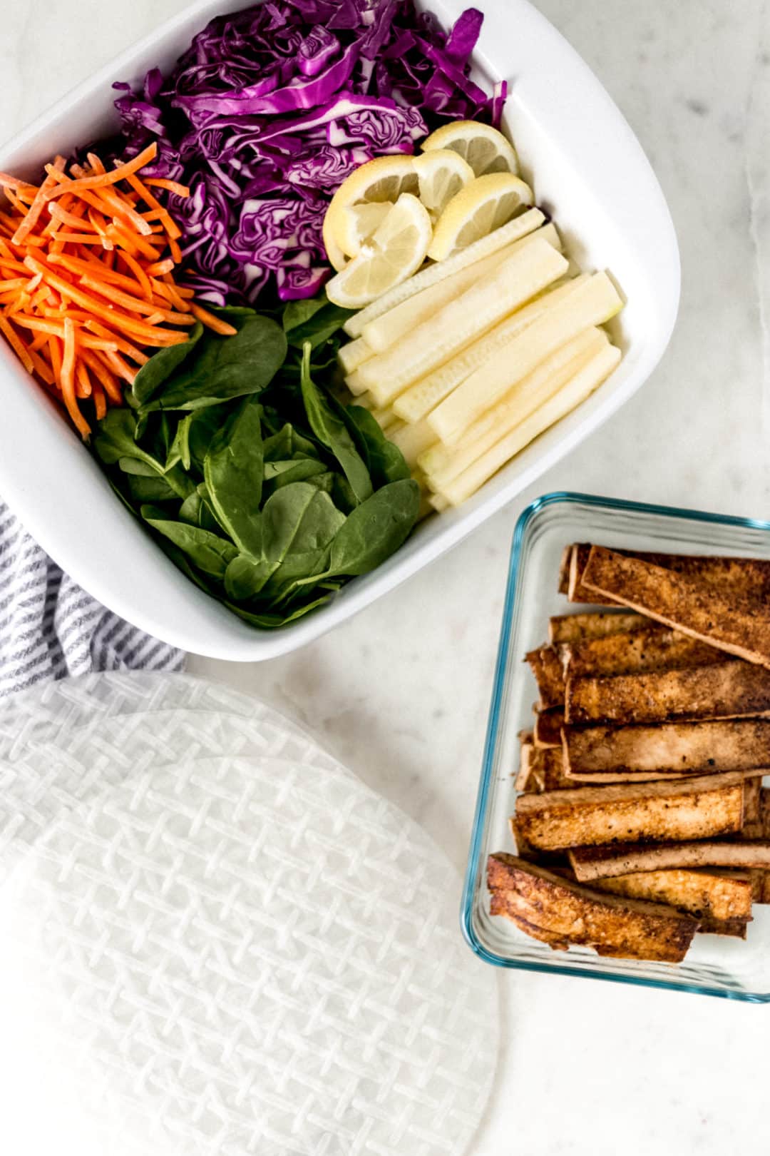 overhead view of ingredients needed to make spring rolls 