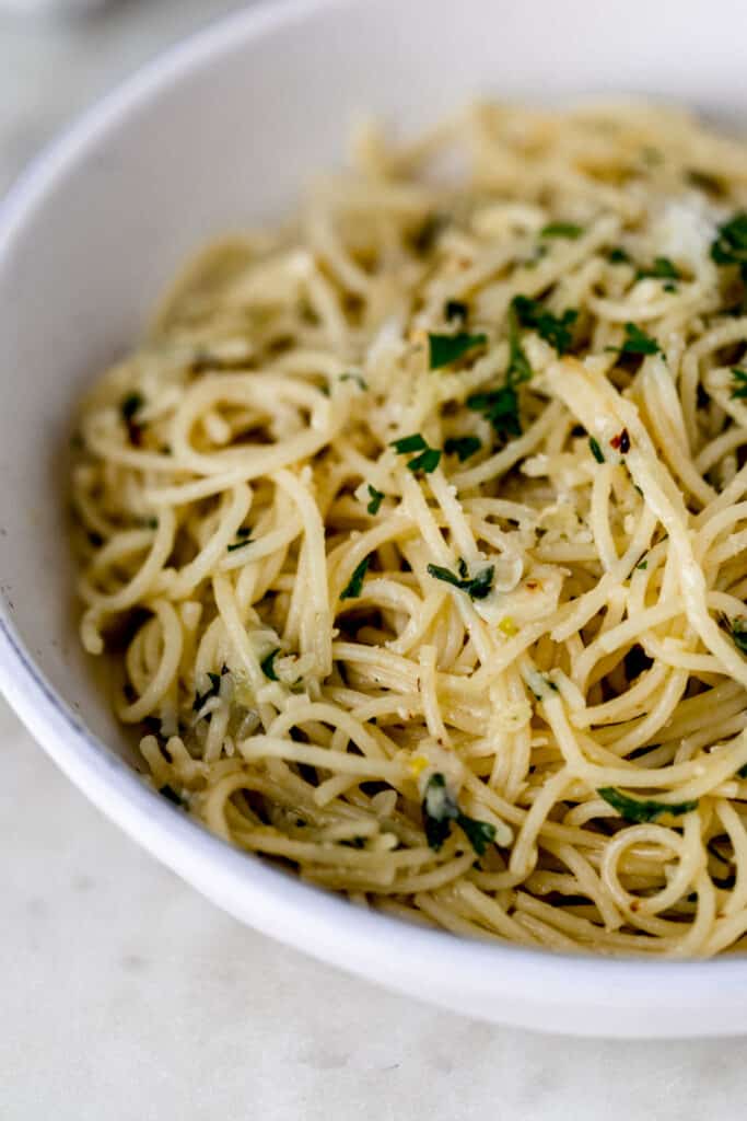 close up side view of pasta in a bowl 