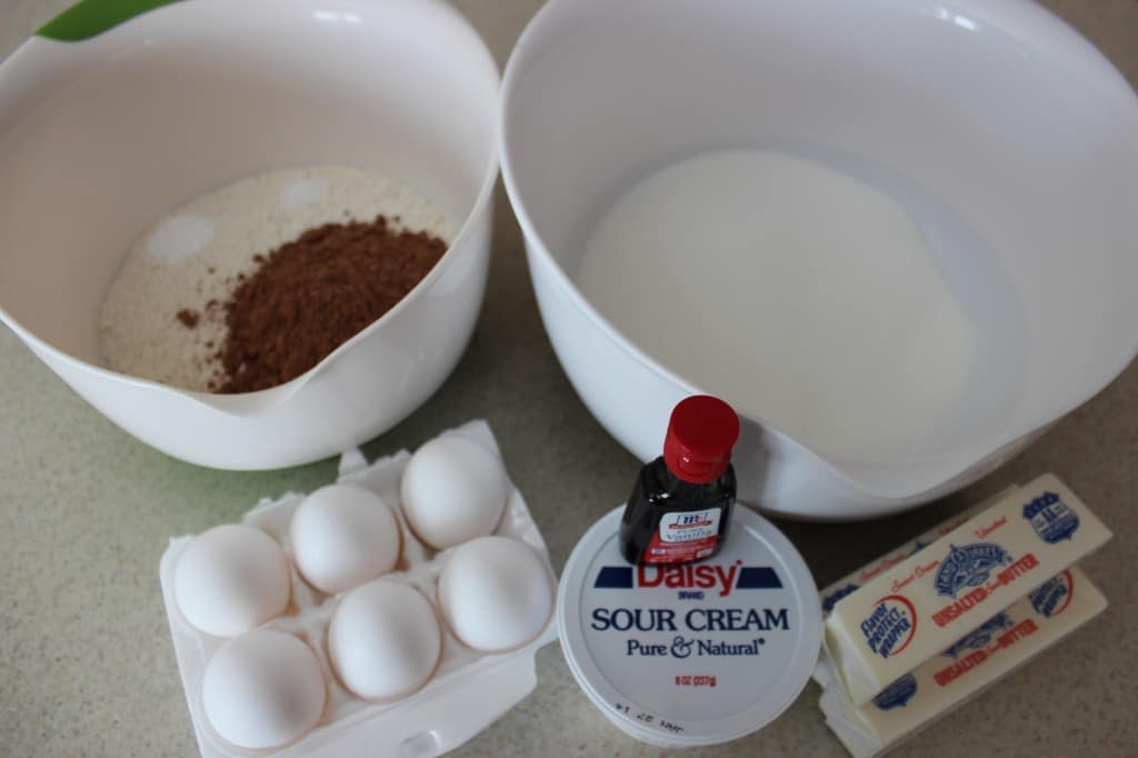 overhead view of ingredients needed to make cake 