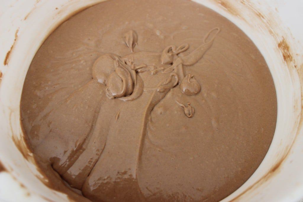 overhead view of cake mixture in bowl 