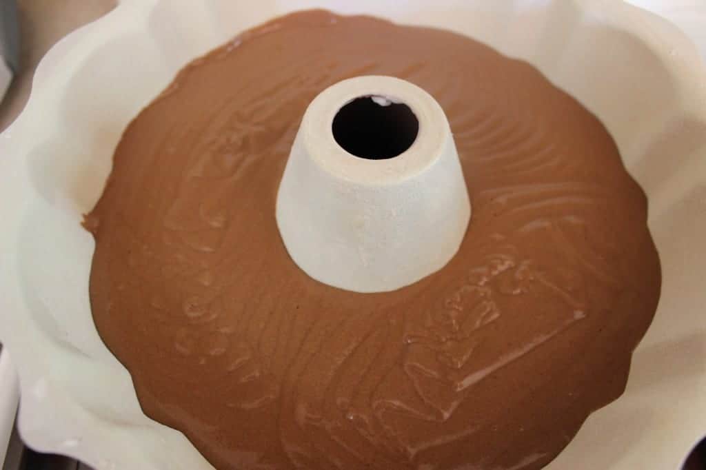 Chocolate Sour Cream Pound Cake mixture in bundt pan before baking