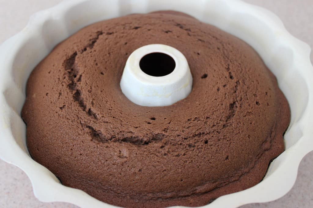 Baked Chocolate Sour Cream Pound Cake in bundt pan 