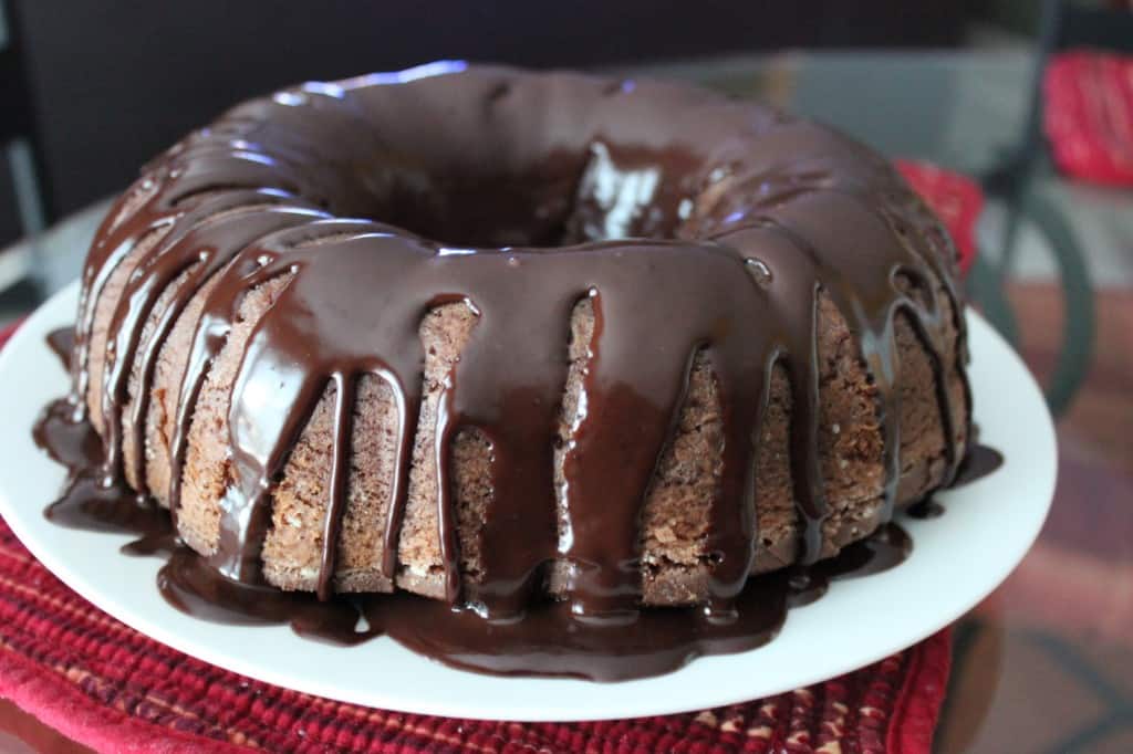 Close-up view of finished Chocolate Sour Cream Pound Cake topped with ganache