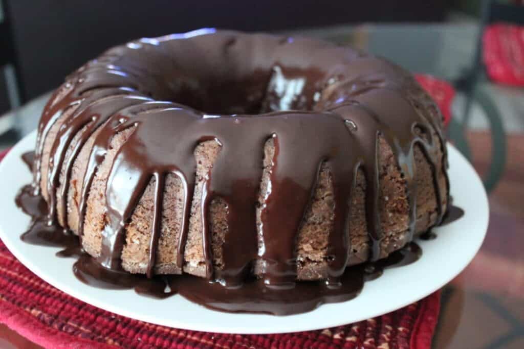 close up view of finished Chocolate Sour Cream Pound Cake