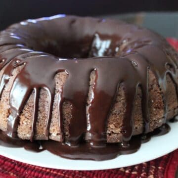 close up view of finished Chocolate Sour Cream Pound Cake