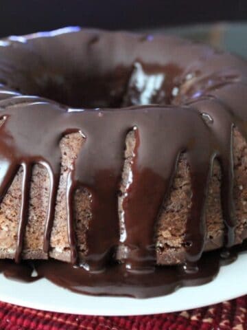 close up view of finished Chocolate Sour Cream Pound Cake