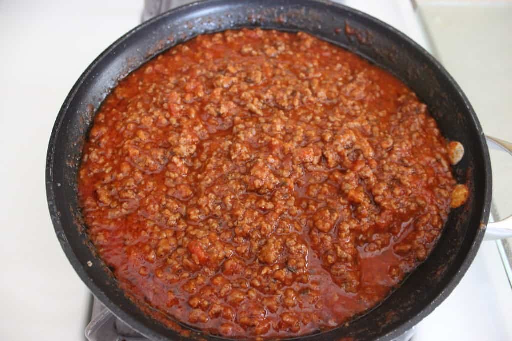 meat sauce in skillet on stovetop