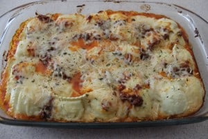 Close up view of baked lasagna.