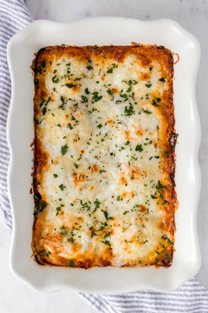 overhead dish of baked ravioli lasagna
