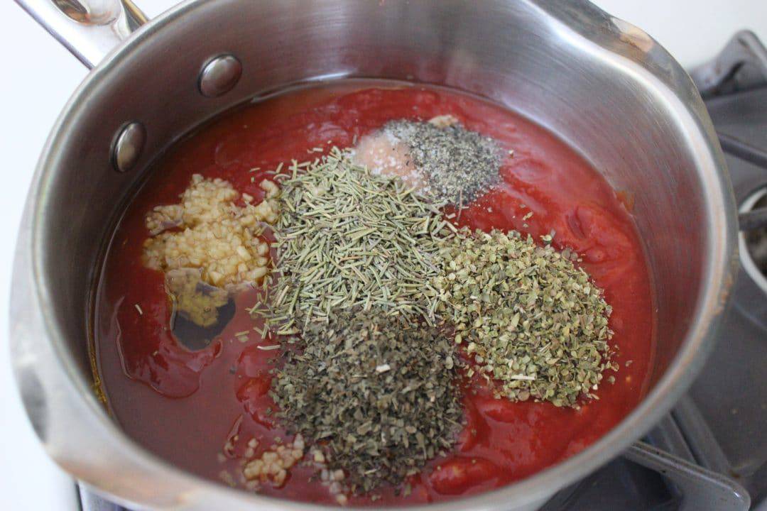 ingredients for easy homemade pasta sauce in a saucepan