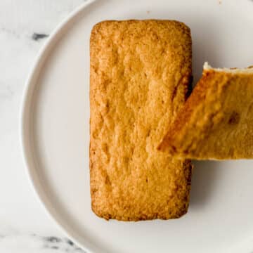 overhead view of pound cakes on white plate