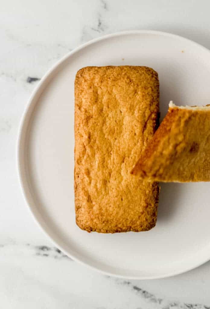 overhead view of pound cakes on white plate