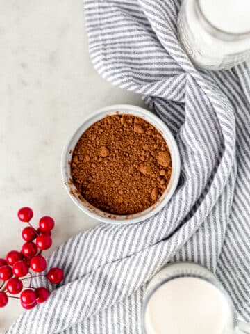 hot chocolate mix in a round white bowl with a napkin