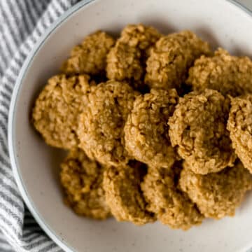 batch of no bake eggnog cookies in a bowl over a napkin