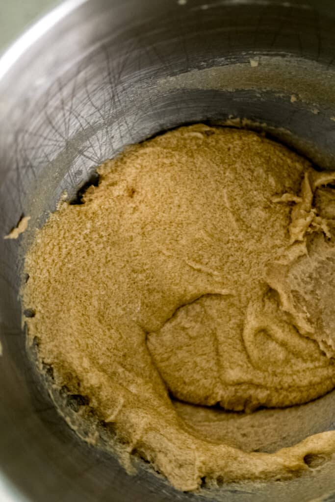 cookie mixture in stand mixer bowl 