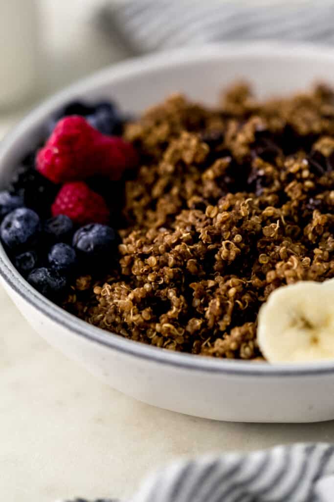 close up side view chocolate quinoa in white bowl topped with fruit. 