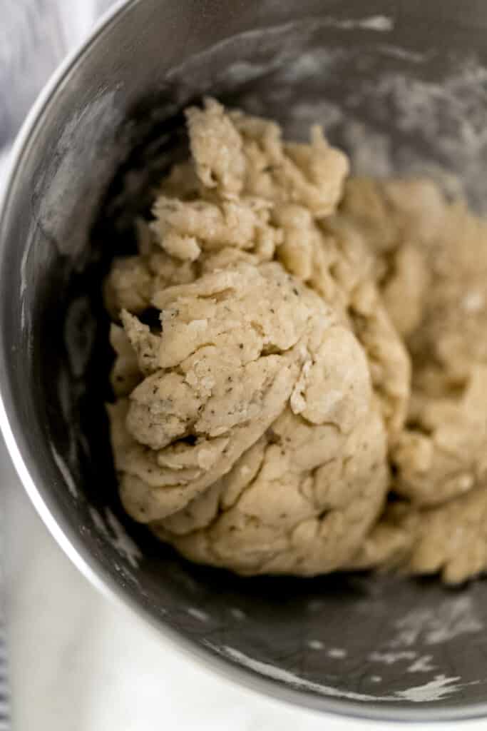 homemade pizza crust in stand mixer bowl