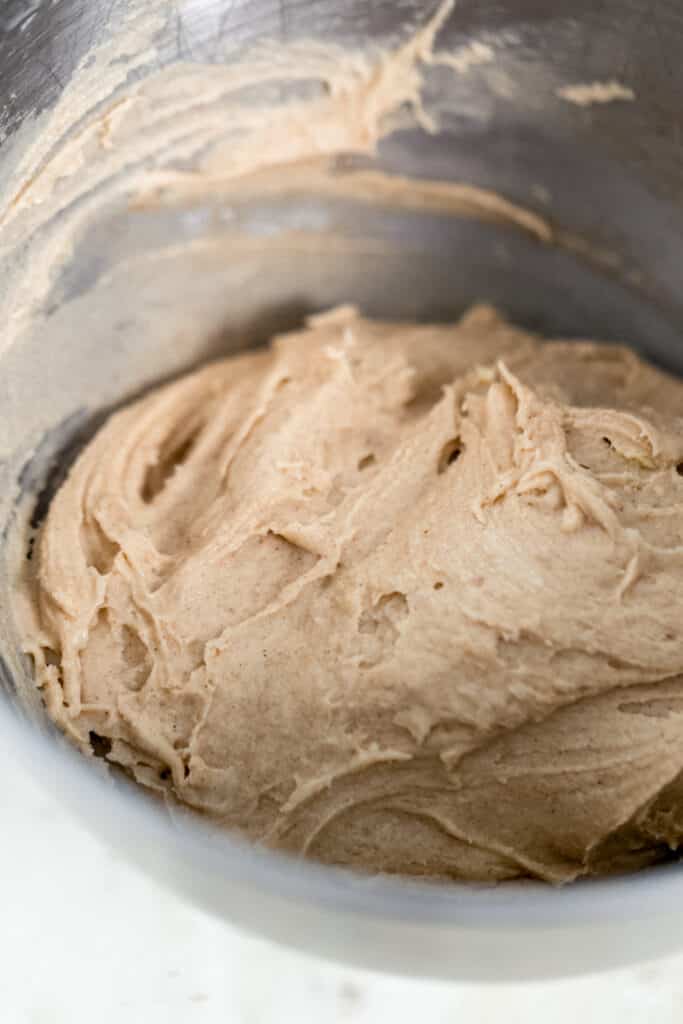 mixture for blueberry coffee cake in stand mixer bowl 