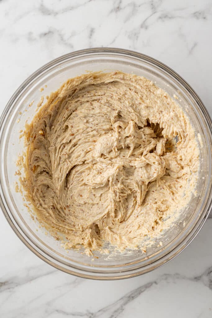 cookie mixture in glass mixing bowl 