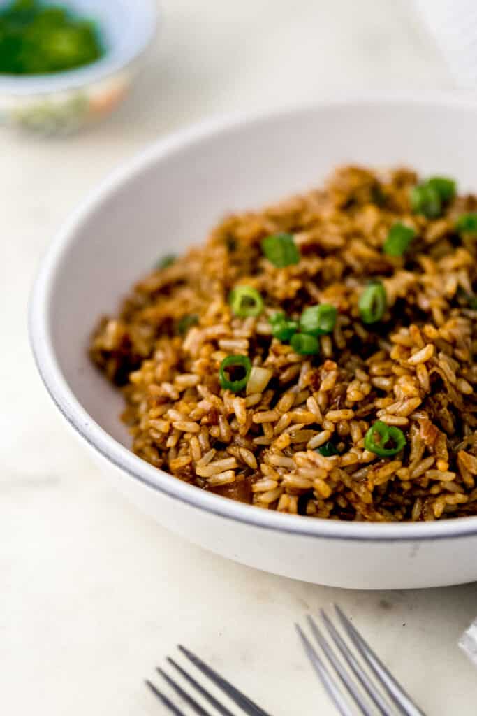 close up side view fried brown rice in white bowl beside a fork. 