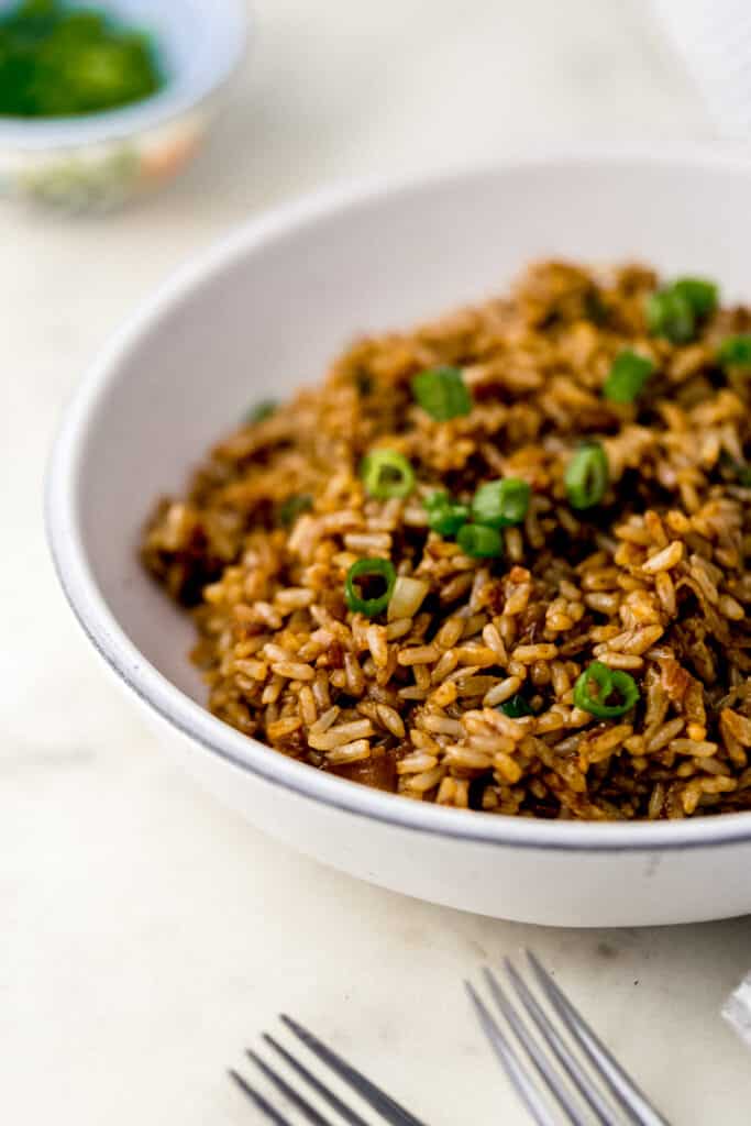 close up side view fried brown rice in white bowl beside a fork. 