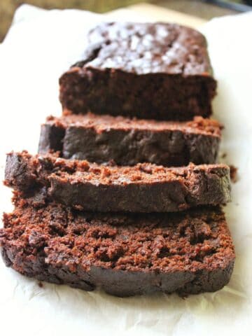 close up front view of sliced chocolate bread