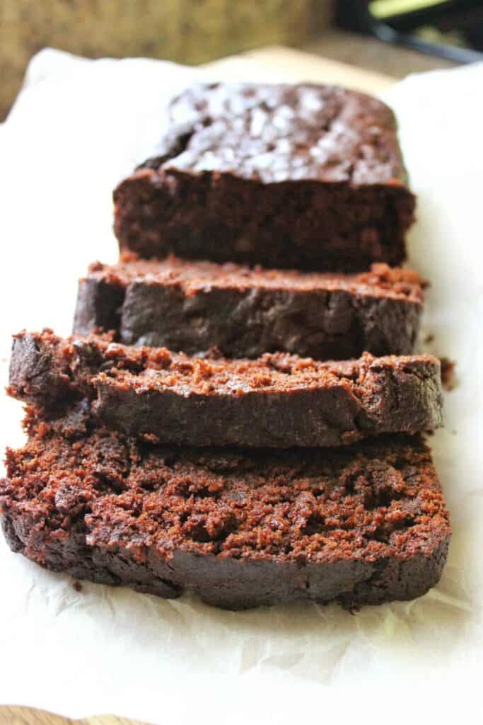 close up front view of sliced chocolate bread 