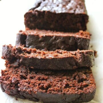 close up front view of sliced chocolate bread