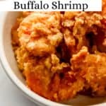 Close up view of shrimp in white bowl pin with text overlay.