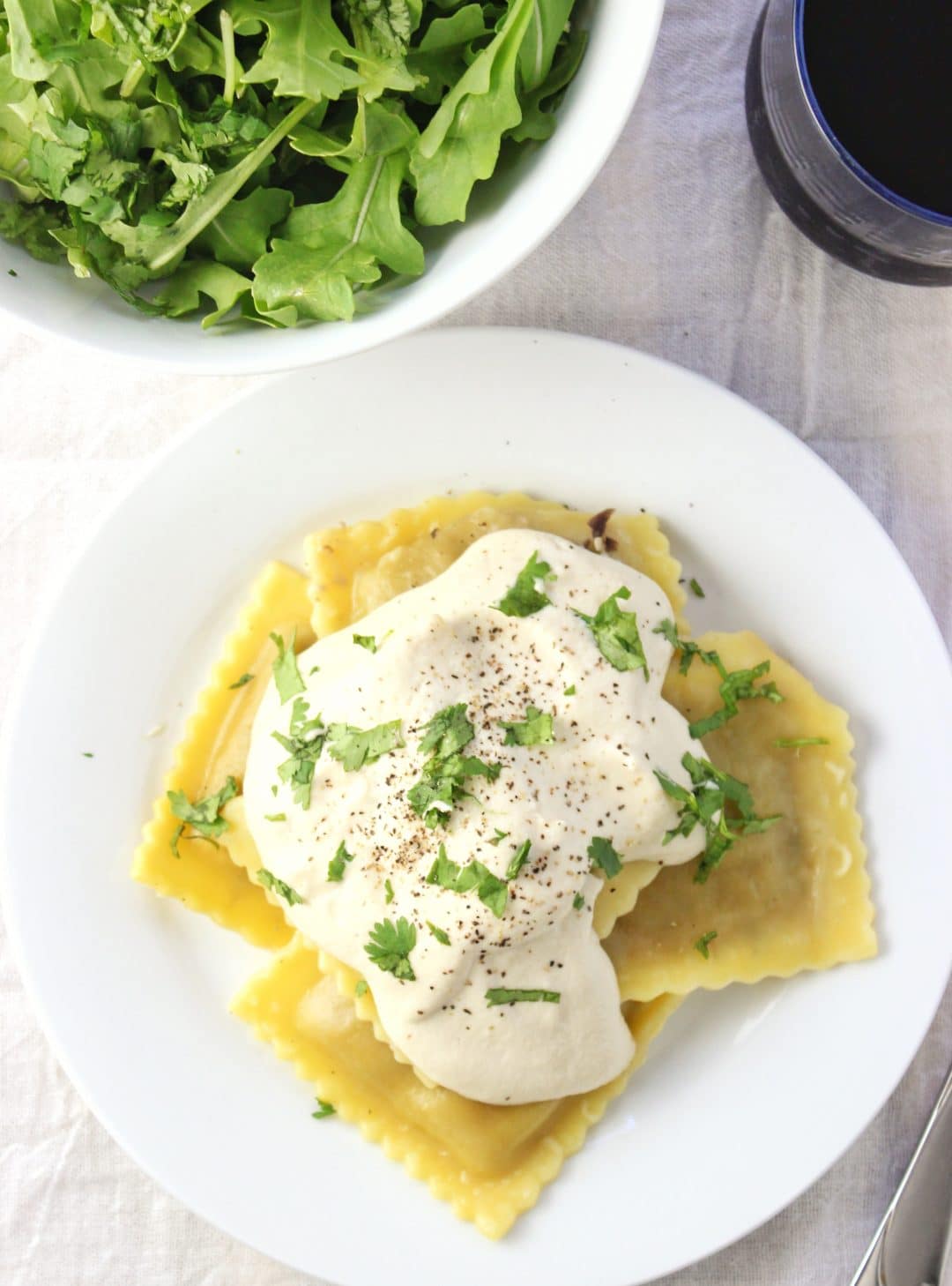 Cashew Cream Sauce with Mushroom Ricotta Ravioli