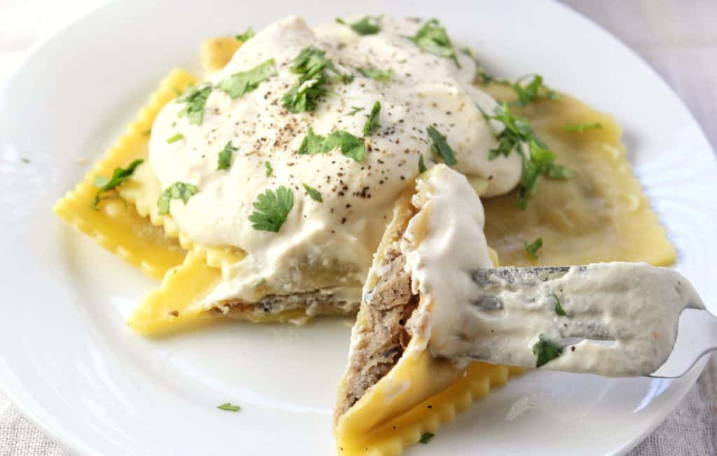 cashew cream sauce and ravioli