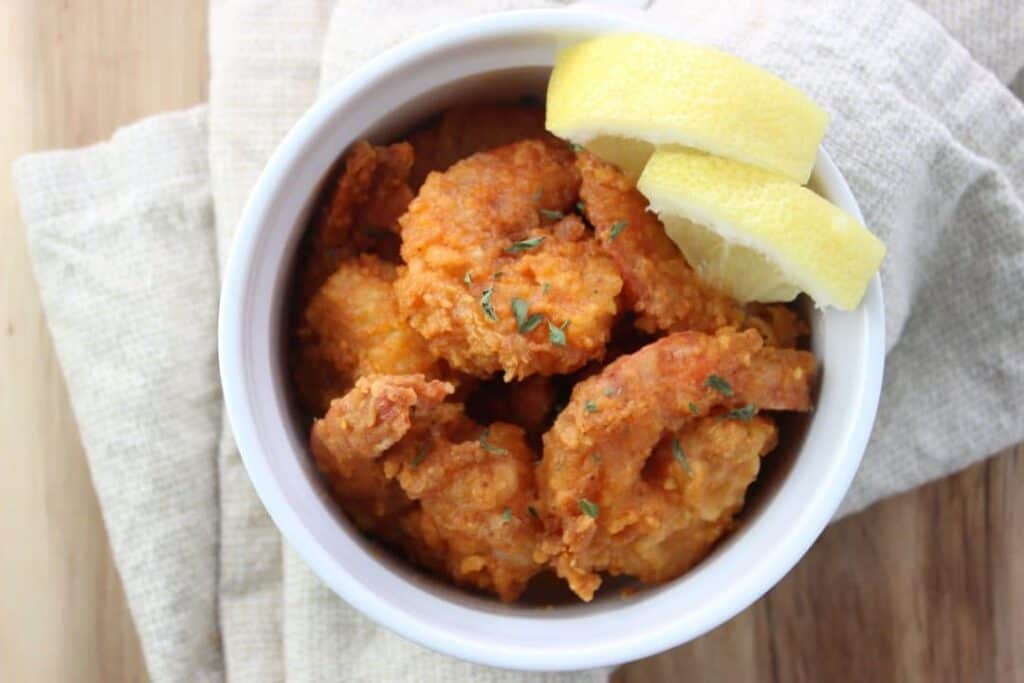 Overhead view Easy Buffalo Shrimp in bowl 