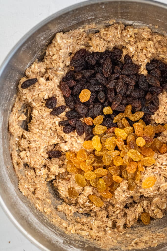 raisins added to oatmeal cookie mixture in stand mixing bowl. 