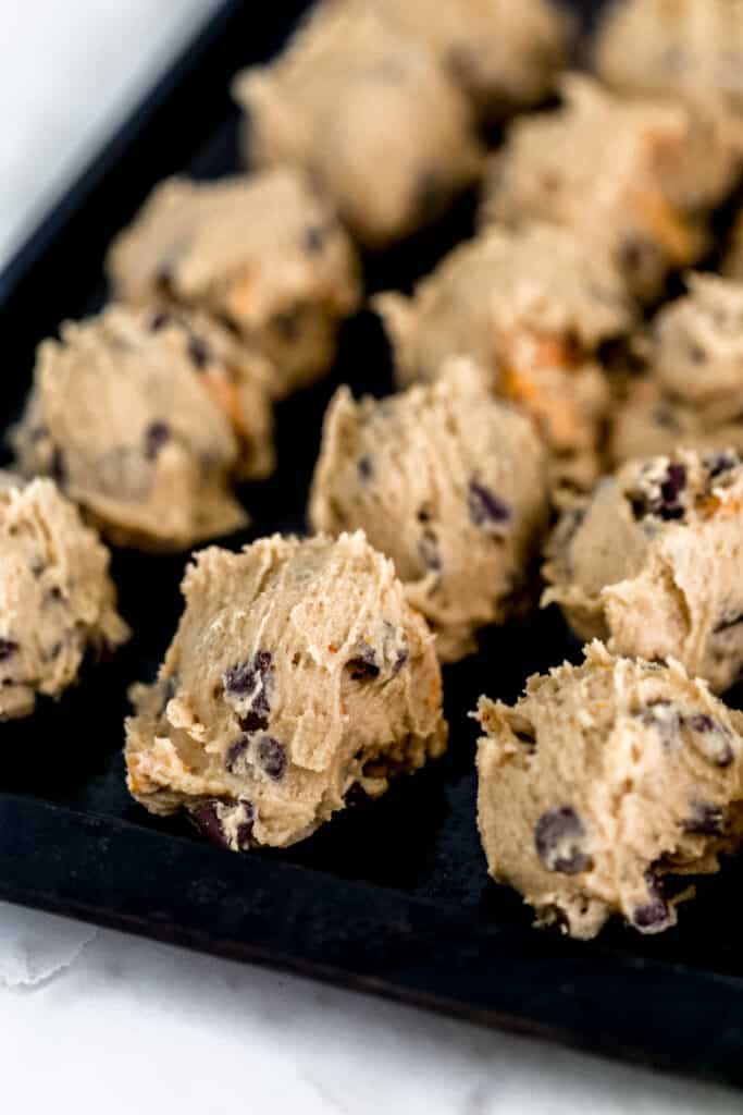 chocolate chip pretzel cookies on baking sheet 