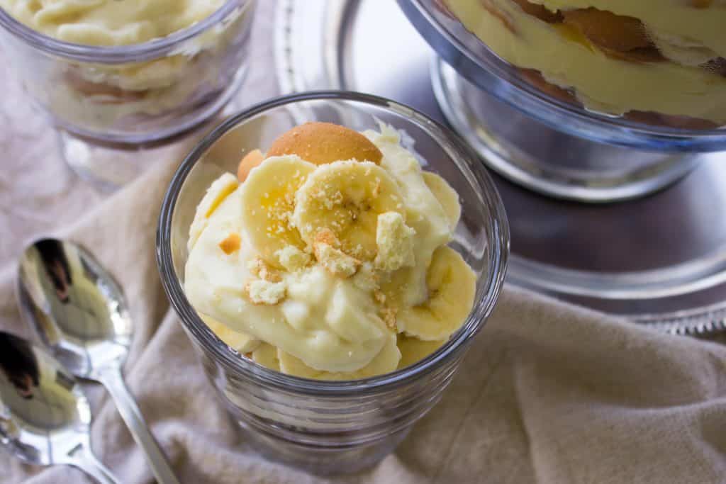 close-up view Homemade Banana Pudding Recipe in small dish with spoon