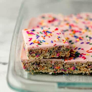 close up side view of finished rice krispie treats cut into squares