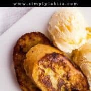 Close up view of photo of french toast and ice cream on plate on pin with text overlay.
