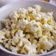 Close up view of bowl of popcorn.
